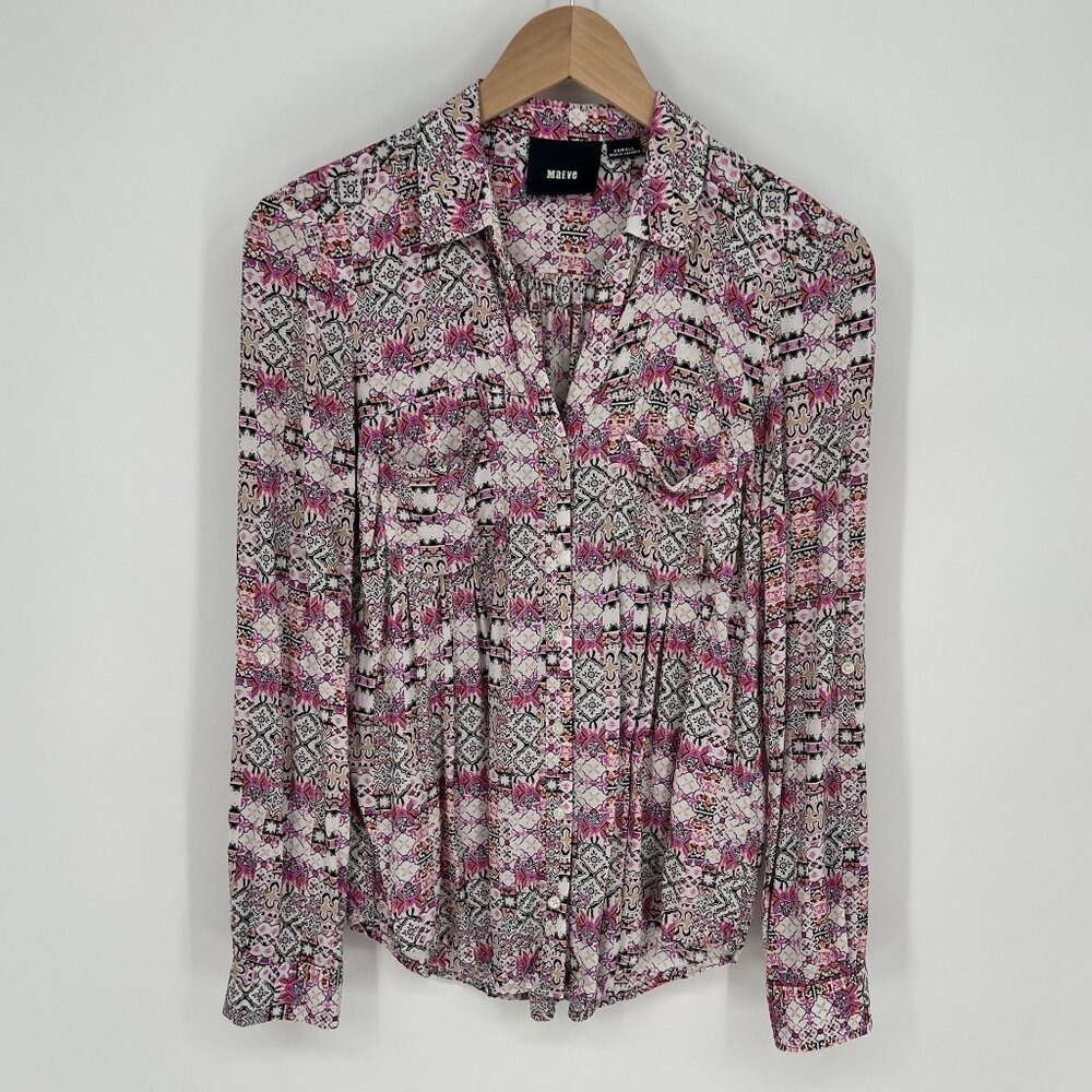 Maeve Womens Abstract Print Button Front Blouse Size XS Pink Floral Long Sleeve